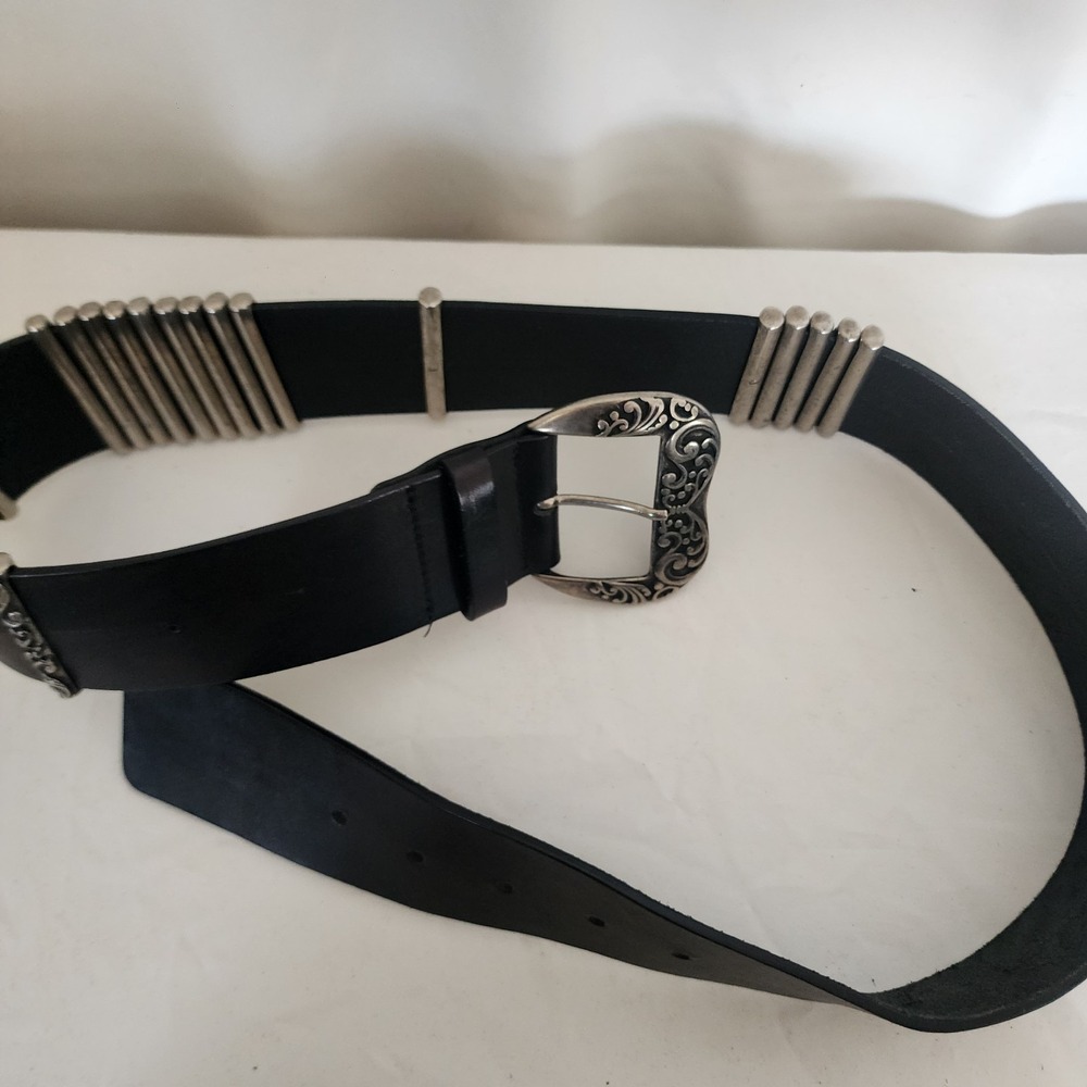 Albatros Made In Italy Wide Leather Belt Black Metal Embellishments 2" 32" - Picture 9 of 10